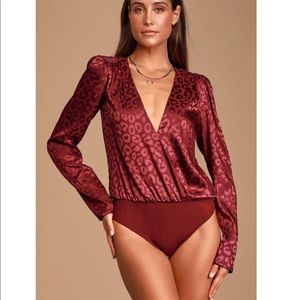 Wild Times Burgundy Leopard Satin Long Sleeve Bodysuit- XS